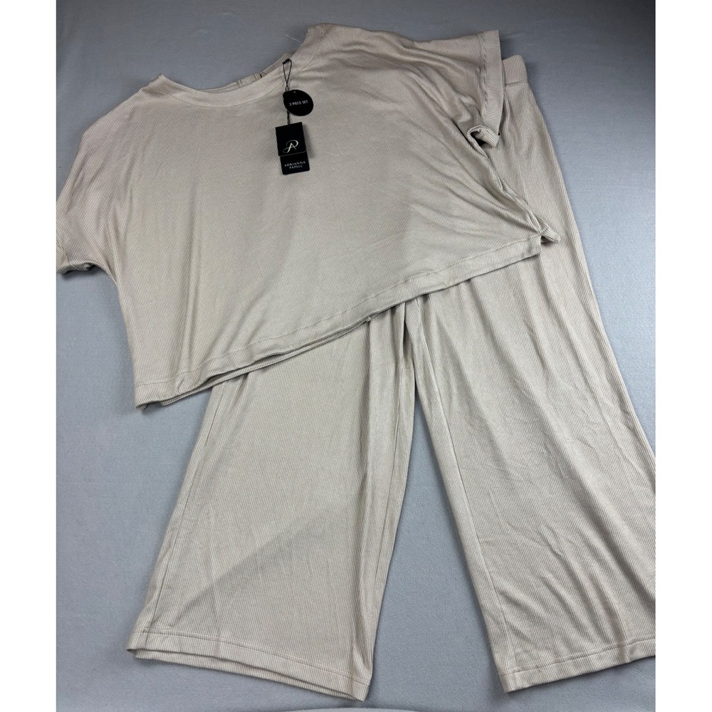NWT Adrianna Papell 2 Pc Ribbed Loungewear Set XL Beige Wide Leg Pant